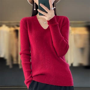 羊毛毛衣女V领修身显白短款2024年新款秋冬季内搭打底图片