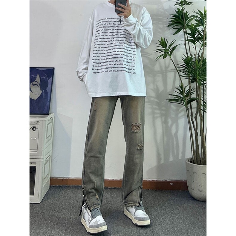 欧美hiphop街头破洞牛仔裤直筒微喇叭修身vibe美式乞丐裤潮牌,男装牛仔裤,星座310A-4