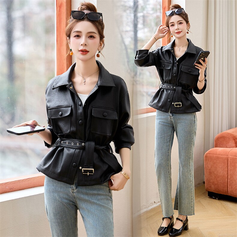 皮衣外套女2025年新款春秋高级感小个子收腰修身显瘦短款翻领夹克，女装皮衣，布芭啦