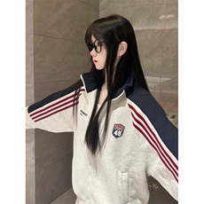 美式覆古撞色条纹徽章字母立领卫衣外套女春秋学院风开衫夹克上衣，男装夹克，星座506A