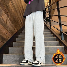 白灰色运动裤男女2023新款冬季加绒直筒宽松阔腿美式休闲显瘦卫裤，男装休闲裤，星座601-2