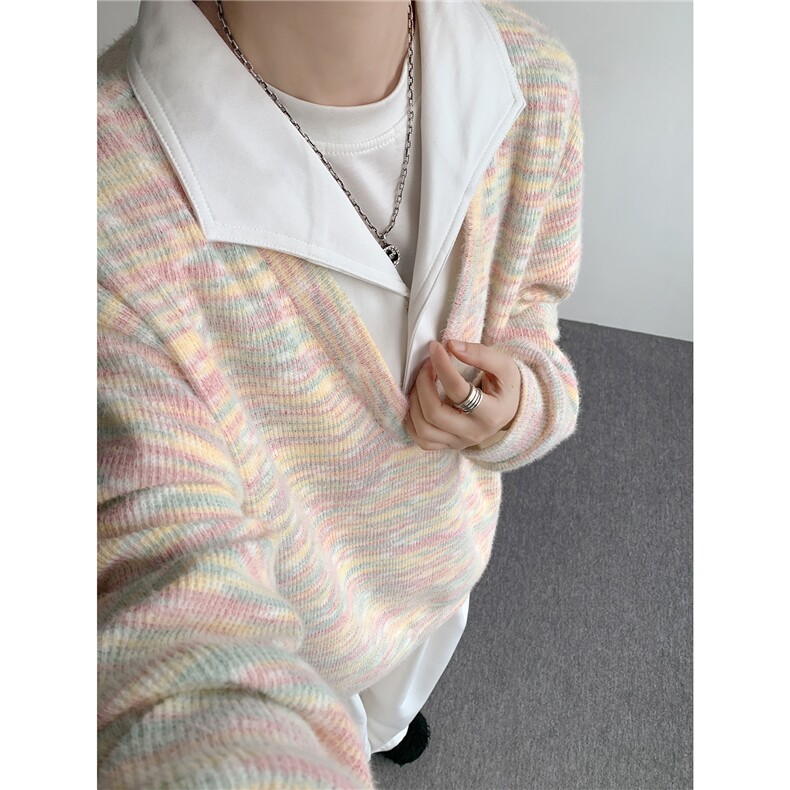 美式男士卫衣慵懒风彩点假两件翻领毛衣外衣宽松休闲针织衫，男装针织衫/毛衣，电商B319