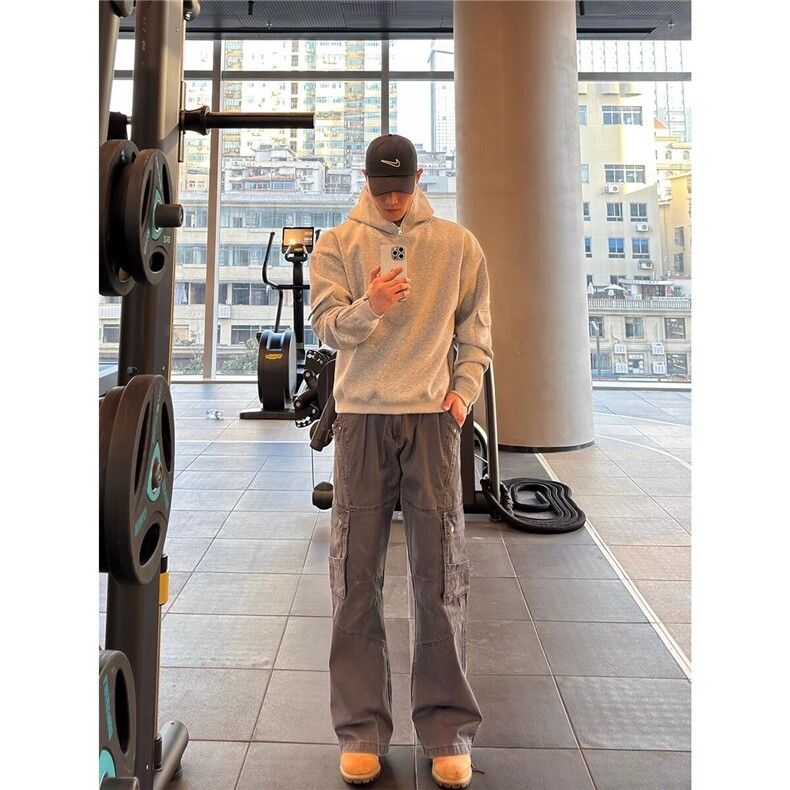 美式复古水洗做旧工装裤男大口袋设计感潮流百搭宽松直筒休闲长裤,男装牛仔裤,星座506A