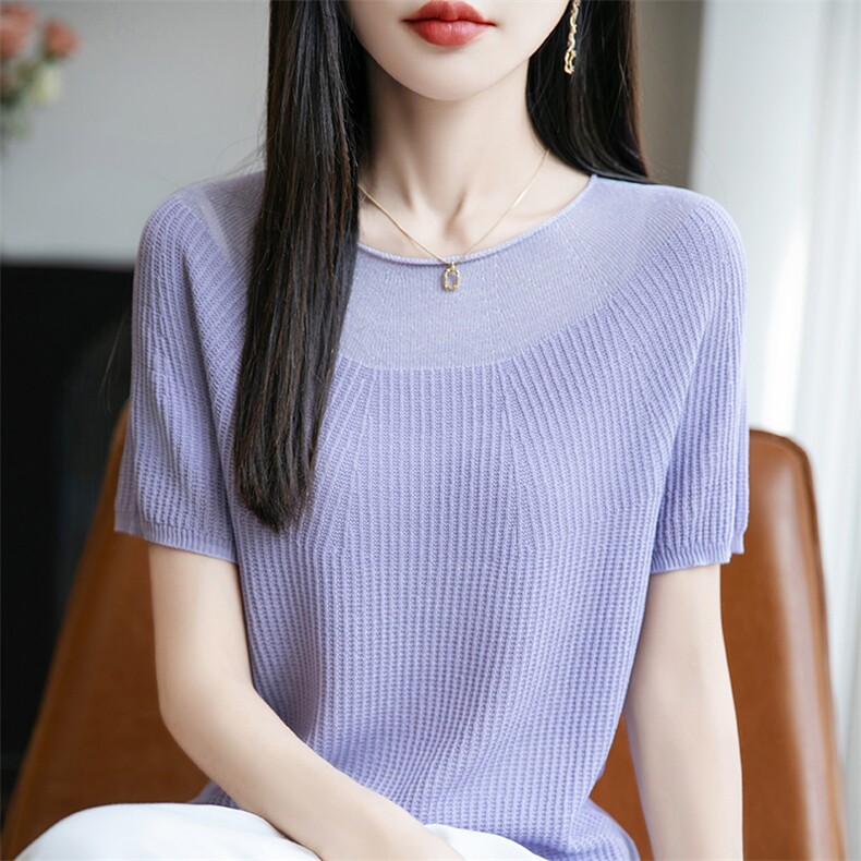 圆领短袖t恤女2025夏季新款洋气漂亮独特上衣高级感针织纯色半袖,女装T恤,菲奥羊绒