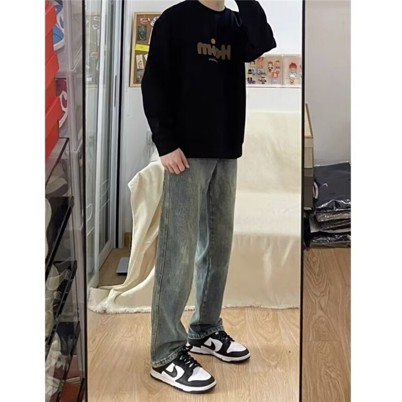 复古水洗做直筒牛仔裤男秋冬潮流高级百搭休闲显瘦长裤801444-p43图片