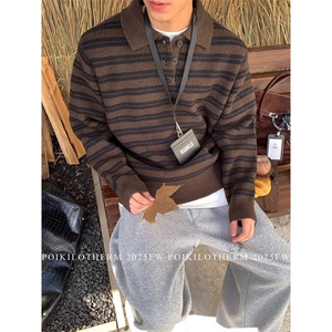 高端款男士秋冬季套头毛衣针织衫polo翻领毛衣复古条纹上衣图片