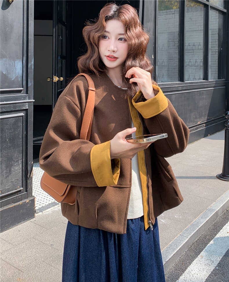 小个子设计感休闲韩系双面呢羊毛大衣拼色毛呢短外套女冬,女装毛呢外套,浙宝136
