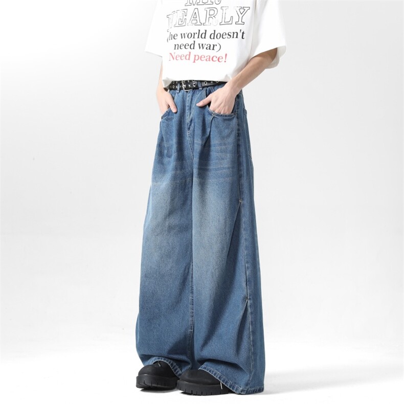 褶皱阔腿牛仔裤男春秋季美式复古cleanfit宽松水洗做旧长裤,男装牛仔裤,星座410-6（原星座1304-1）