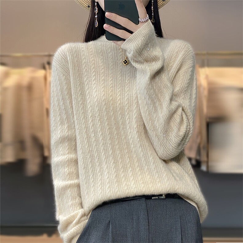 羊范羊毛衫女秋冬新款宽松半高领烫钻扭花针织衫显瘦打底衫,女装羊毛衫,唯若美羊绒