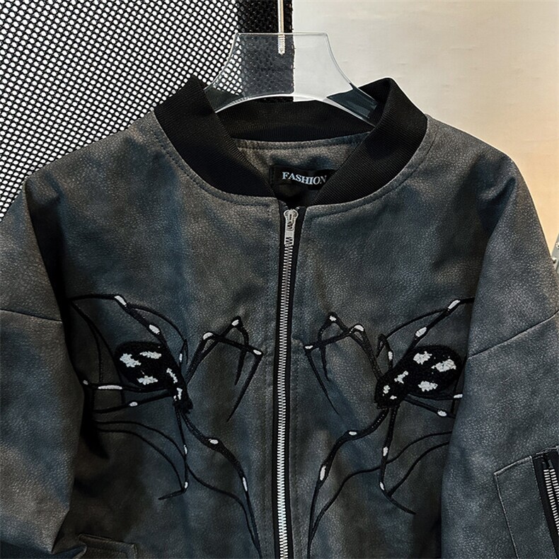 美式新款蜘蛛刺绣PU皮夹克男女春秋小众百搭休闲外套JK08555-P75,男装夹克,星座308B-1