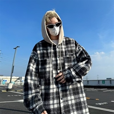 格子连帽长袖衬衫2024美式复古潮牌宽松呢料衬衣外套，男装衬衫，星座716-2