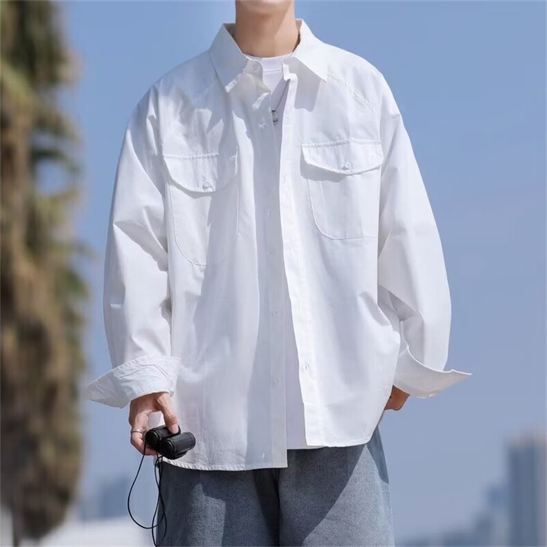 日系重磅长袖衬衫男秋季高级感休闲纯色白色翻领衬衣复古外套bf,男装衬衫,星座218-1（原230）