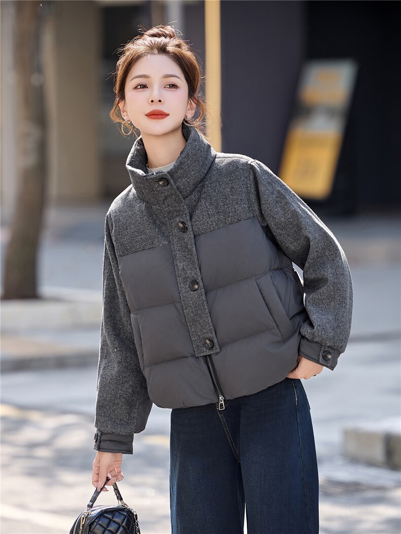 冬装时尚新款毛呢拼接90白鸭绒短款加厚羽绒服外套,女装羽绒服,姿衣坊