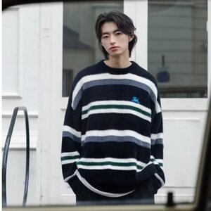 男女装可爱小狗撞色条纹仿马海毛毛衣秋季新款保暖毛线衣潮流原宿图片