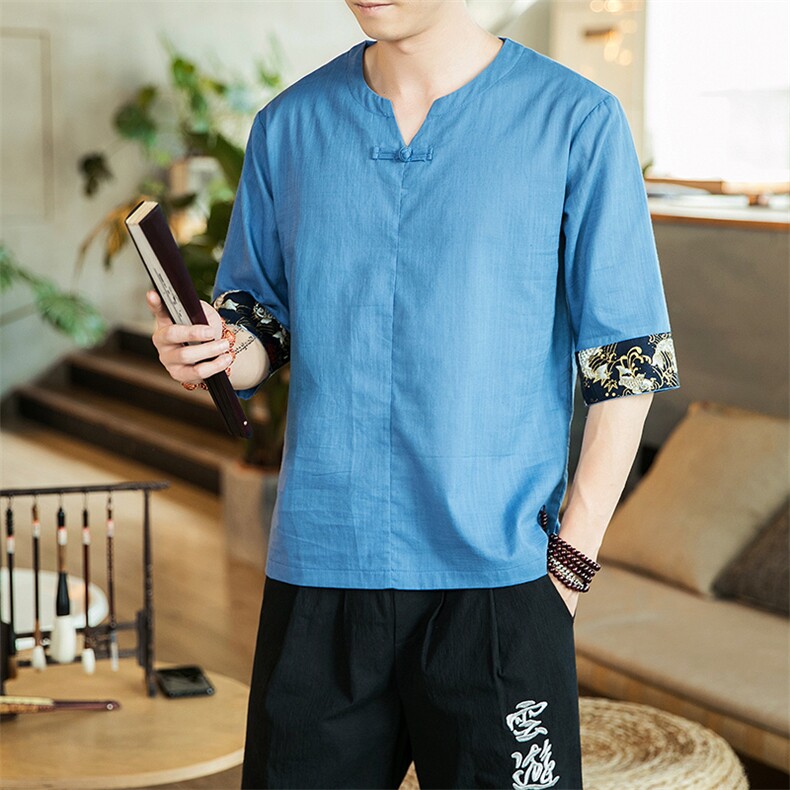 2021夏季中国风薄款棉麻盘扣短袖T恤男士大码上衣QT6005-TX78-P35，男装T恤，星座1112-5（原712-5）