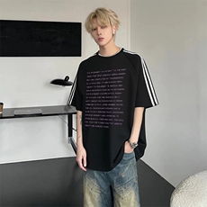 抖音得物高品质二开240克宽松纯棉美式潮牌三条杠织带短袖T恤，男装T恤，电商A486-1