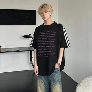 抖音得物高品质二开240克宽松纯棉美式潮牌三条杠织带短袖T恤图片