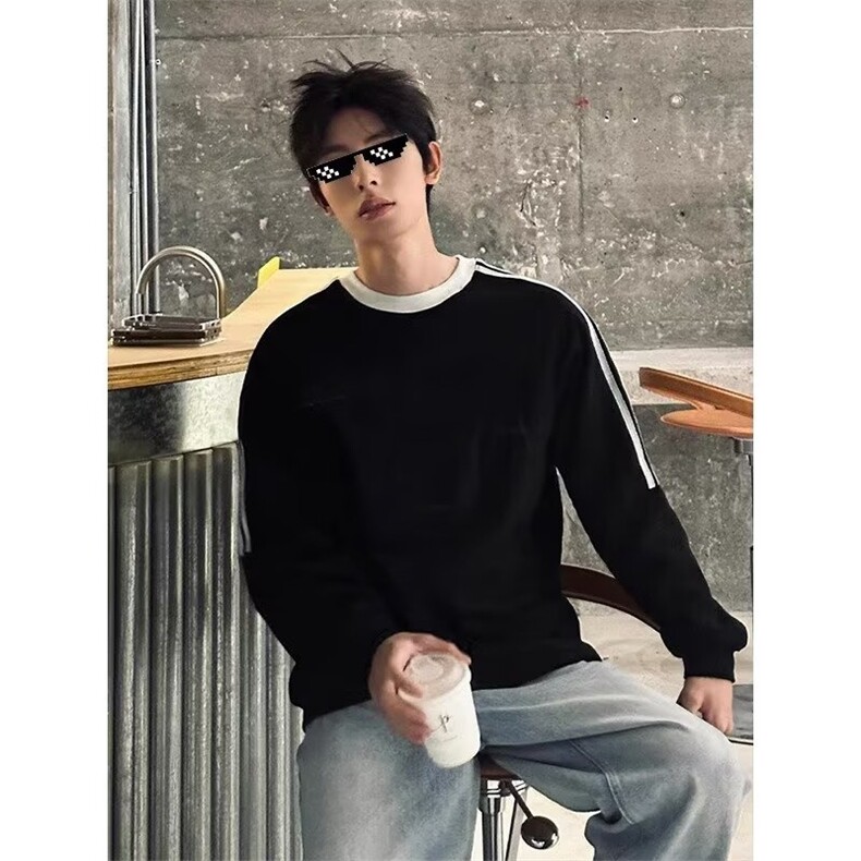 黑色正肩圆领卫衣男春秋季2025新款长袖小个子宽松设计感套头上衣,男装卫衣,星座506A