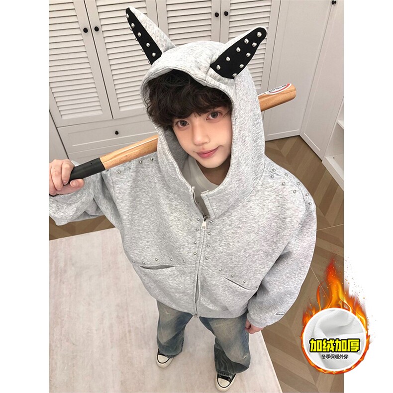 480G重磅加绒硬挺boxy男女美式高街卫衣铆钉杜宾犬耳朵开衫厚外套，女装短外套，电商A486