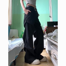 复古美式高街新款宽松直筒微喇裤子男女黑色褶皱高级感休闲西裤，男装西裤，星座601-1