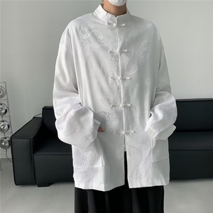 新中式龙纹盘扣刺绣2024年风唐装白色衬衫外套衬衣上衣男女春图片