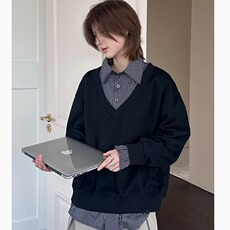 HY03-P502025春秋美式潮牌小众时髦高街假两件翻领卫衣衬衫，男装衬衫，电商B323A