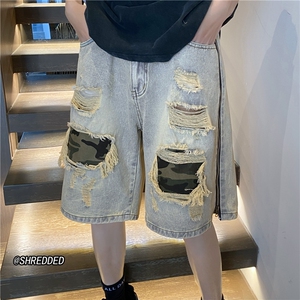 抖音品质高街破洞迷彩短裤水洗泥巴黄牛仔裤B315-K23244-p60控78图片