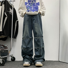 水洗做旧阔腿牛仔裤男春季美式复古潮牌宽松直筒休闲裤K7531-P43，男装牛仔裤，星座512-3