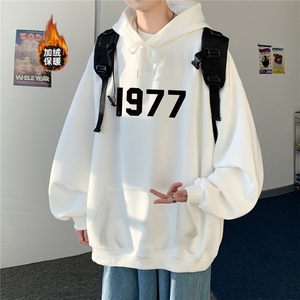 加绒连帽卫衣数字印花连帽卫衣男内搭叠穿加厚连帽卫衣青少年图片