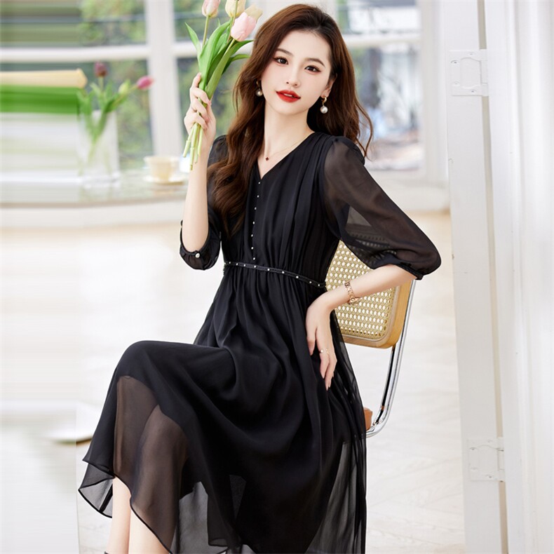 法式高级感杭州重磅白色真丝中袖五分袖连衣裙女夏,女装连衣裙,阿舍尔精品