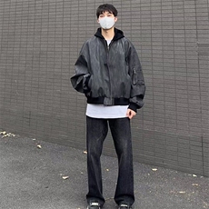 高级感拉链连帽假两件夹克男街头痞帅宽松百搭外套皮衣JK9288-P87，男装夹克，星座1008