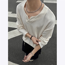 亨利领坑条肌理感春季长袖T恤男宽松潮流V领外套打底衫P30，男装T恤，电商C306-1