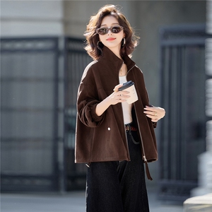 咖色美式复古立领麂皮绒外套女2026早春新款韩版宽松百搭短款夹克图片