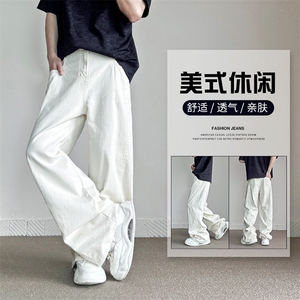 特批秋款白色高品质宽松直筒牛仔裤子男女款帅3028P49,波尼鞋搭配什么裤子图片