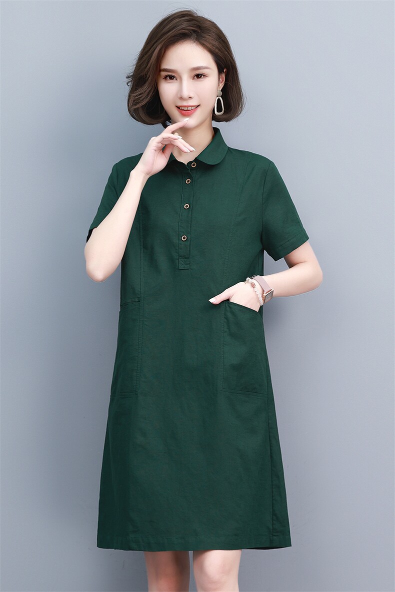 棉麻连衣裙女夏季2024新款中年妈妈宽松遮肚显瘦小个子亚麻衬衫裙,商品下架区,韩派
