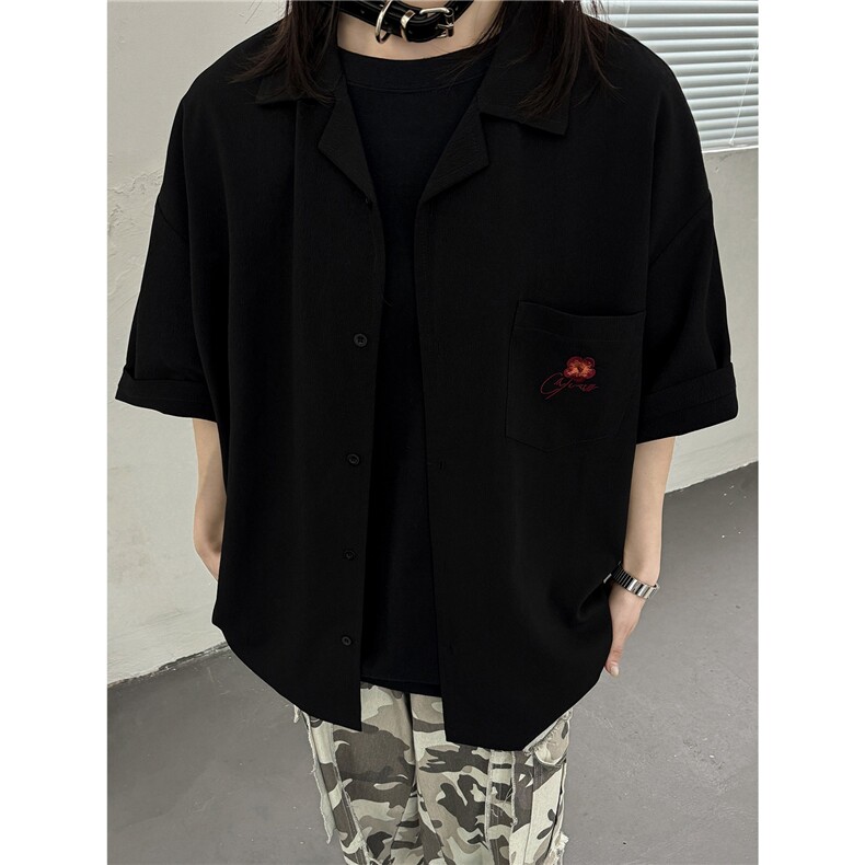 港风中性夏季新款刺绣花短袖衬衫男女装情侣冰丝半袖衬衣S313P48,男装T恤,电商A233-1