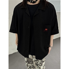 港风中性夏季新款刺绣花短袖衬衫男女装情侣冰丝半袖衬衣S313P48，男装T恤，电商A233-1