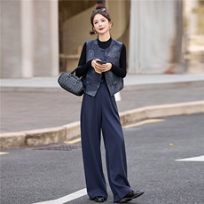 2025新韩版简约长袖衬衫马甲阔腿裤三件套女宽松显瘦休闲高级感潮，女装套装/套裙，姿衣坊