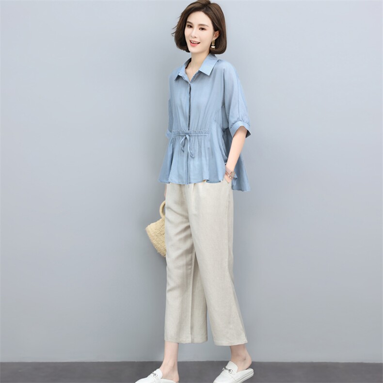(新款)2024年夏天丝棉麻两件套女中老年妈装T恤阔腿裤三年不下架,女装套装/套裙,璐依舞