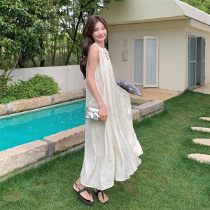 夏装新品挂脖飘带扣子设计无袖长款连衣裙2C050-1183- P115K168图片
