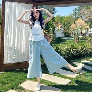 夏季新款撞色毛边背心阔腿裤两件套2025女蓝色清冷松弛感穿搭套装图片