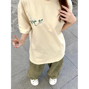 网图有货美式花卉刺绣短袖T恤男女休闲宽松情侣纯棉上衣A671-P35,刺绣薄纱裙搭配图片