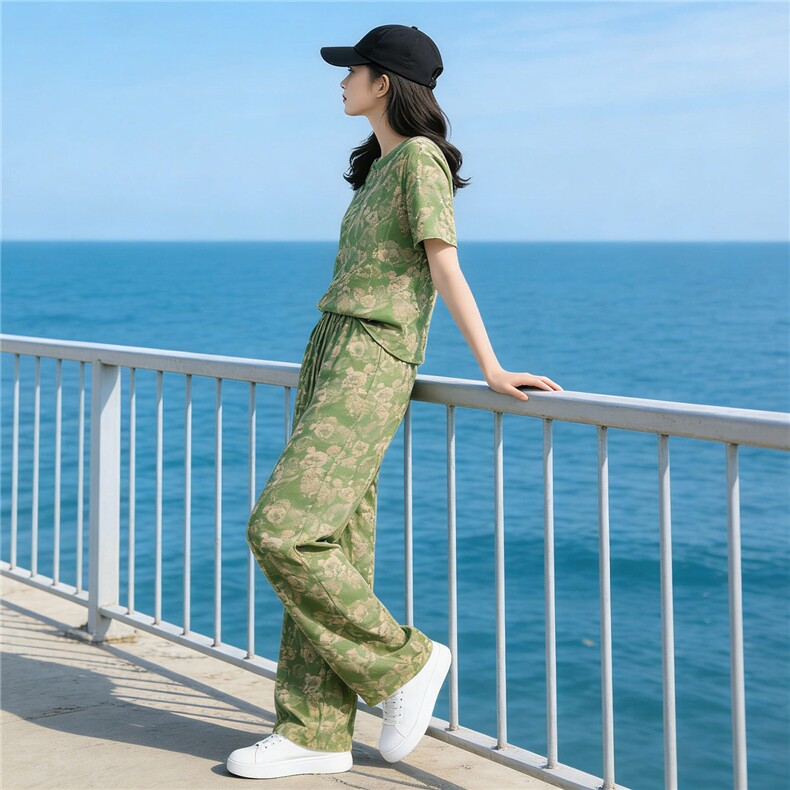 韩版时尚潮流套装女夏季新款个性简约圆领印花上衣阔腿长裤两件套,女装套装/套裙,江南