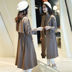 长袖中长款修身2021年春季纯色风衣显瘦个性简约百搭图片