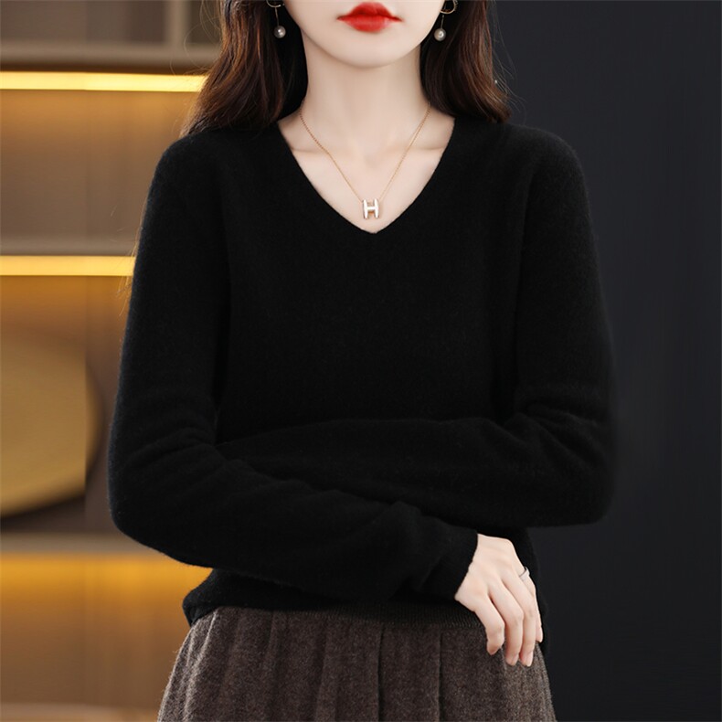 v领长袖套头纯色2024年秋季百搭气质显瘦羊毛衫,女装羊毛衫,片语羊绒