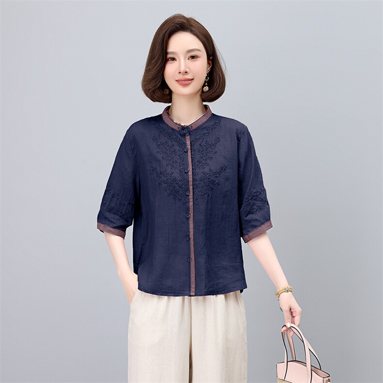 2025夏季新款时尚圆领拼色长袖衬衫女欧洲站高级感苎麻百搭上衣潮,女装衬衫,凝聚力