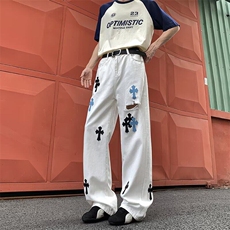 直筒牛仔裤男女2025春季新款美式高街十字架夏季长裤直筒拖地裤，男装牛仔裤，星座813-2