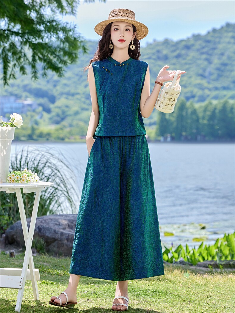 现货2026夏季新中式老钱风提花新款套装两件套,女装套装/套裙,伊仟回