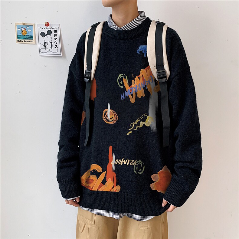 1港风圆领中性情侣潮流大码M-5XL印花加厚毛衣男7781P55加绒P70图片