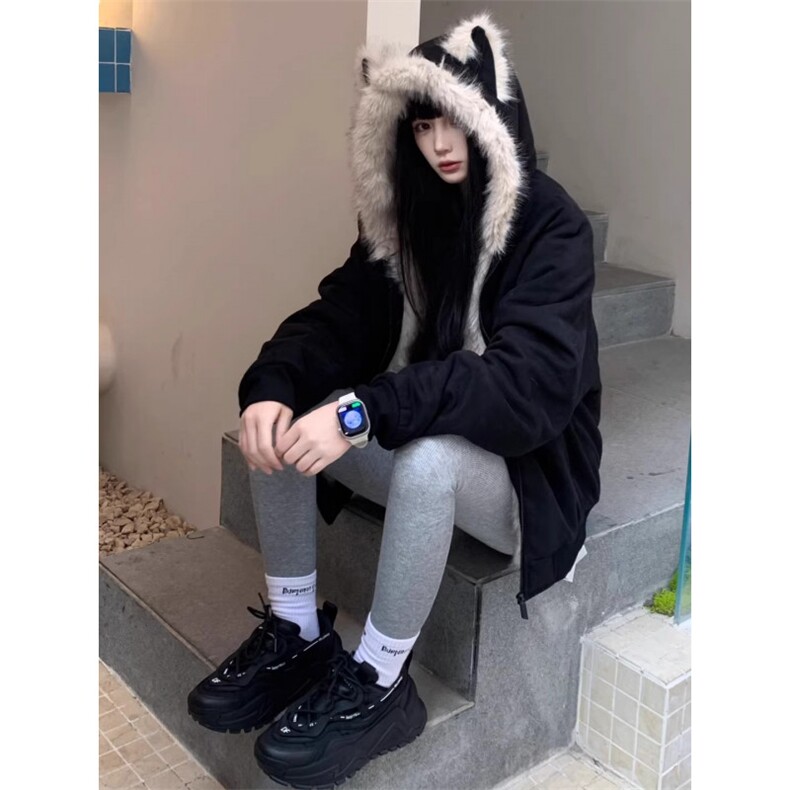 巨好看猫耳朵加绒连帽座山雕外套羽绒棉服女冬季新款保暖加厚棉袄,男装棉衣,星座506A
